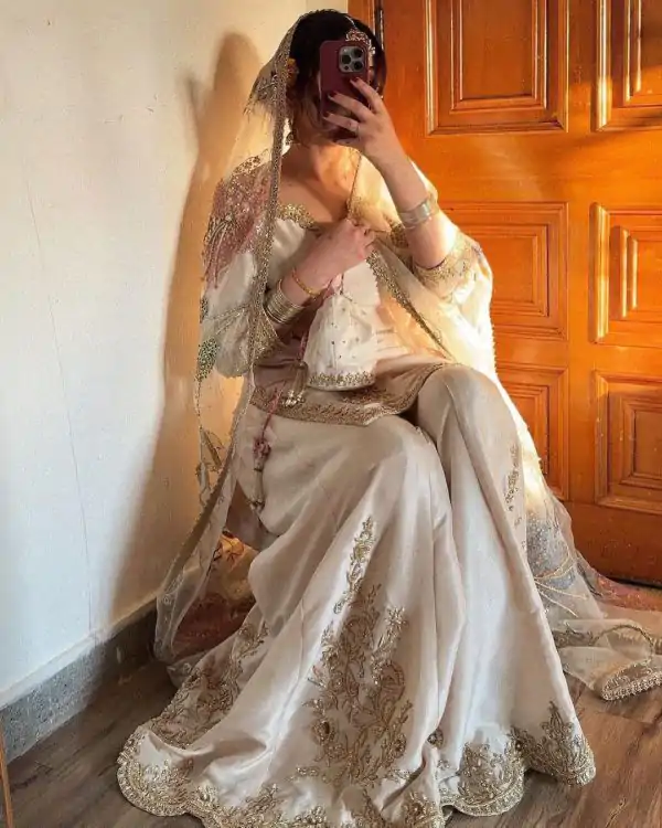 Graceful White Color Chinnon Silk With Embroidery Work Sharara Suit