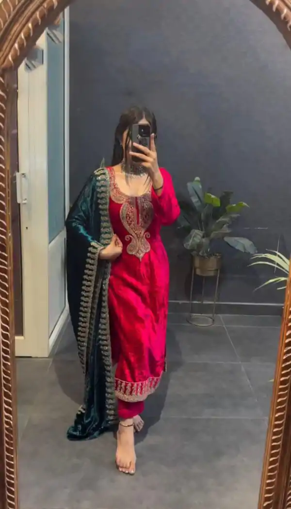 Magical Red Color Velvet With Heavy Embroidery Sequence Salwar Suit