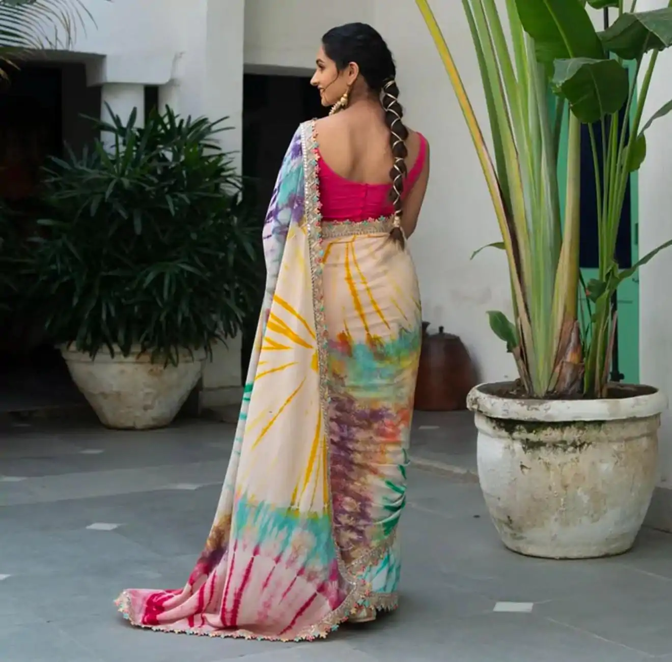 Mixed Multi color Chinon fabric Embroidery Coding Sequins Lace Saree - Image 4