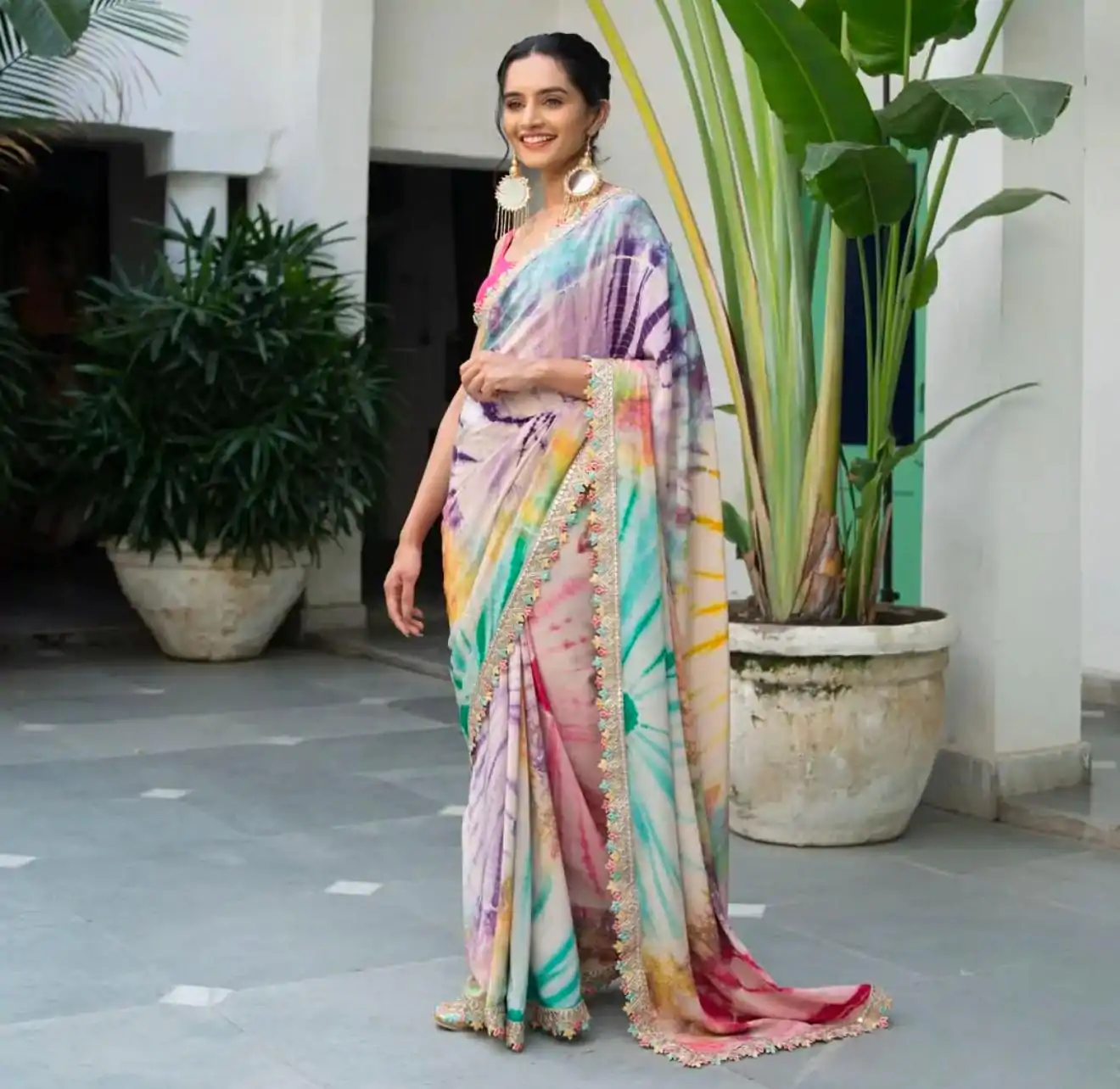 Mixed Multi color Chinon fabric Embroidery Coding Sequins Lace Saree - Image 2