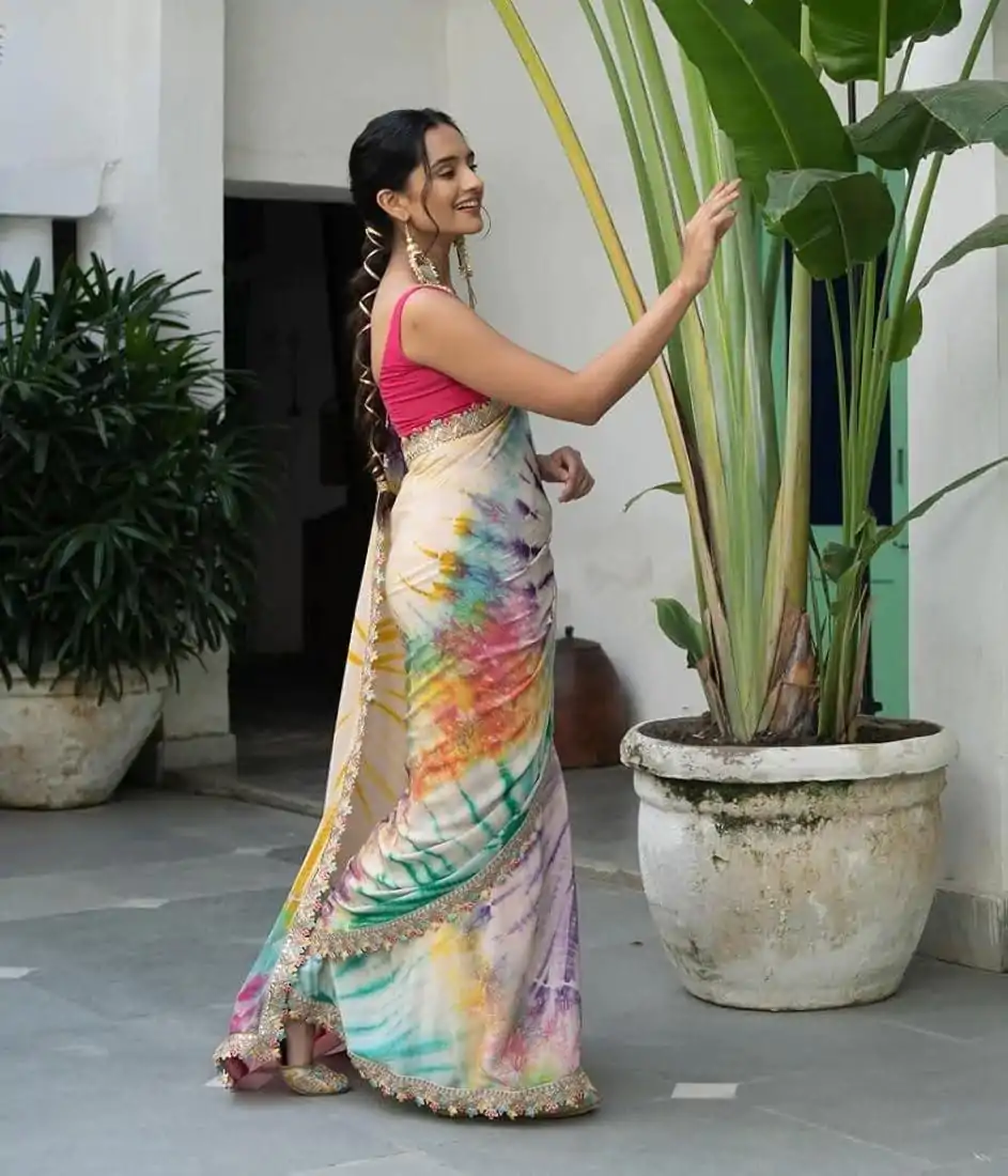 Mixed Multi color Chinon fabric Embroidery Coding Sequins Lace Saree - Image 3