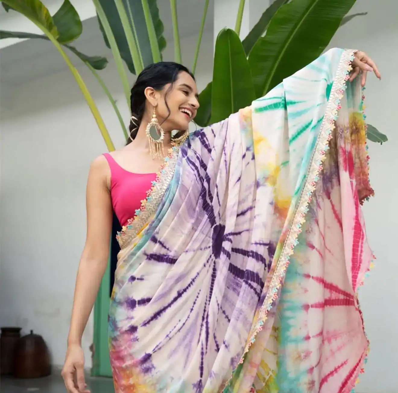 Mixed Multi color Chinon fabric Embroidery Coding Sequins Lace Saree - Image 7