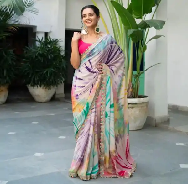 Mixed Multi color Chinon fabric Embroidery Coding Sequins Lace Saree
