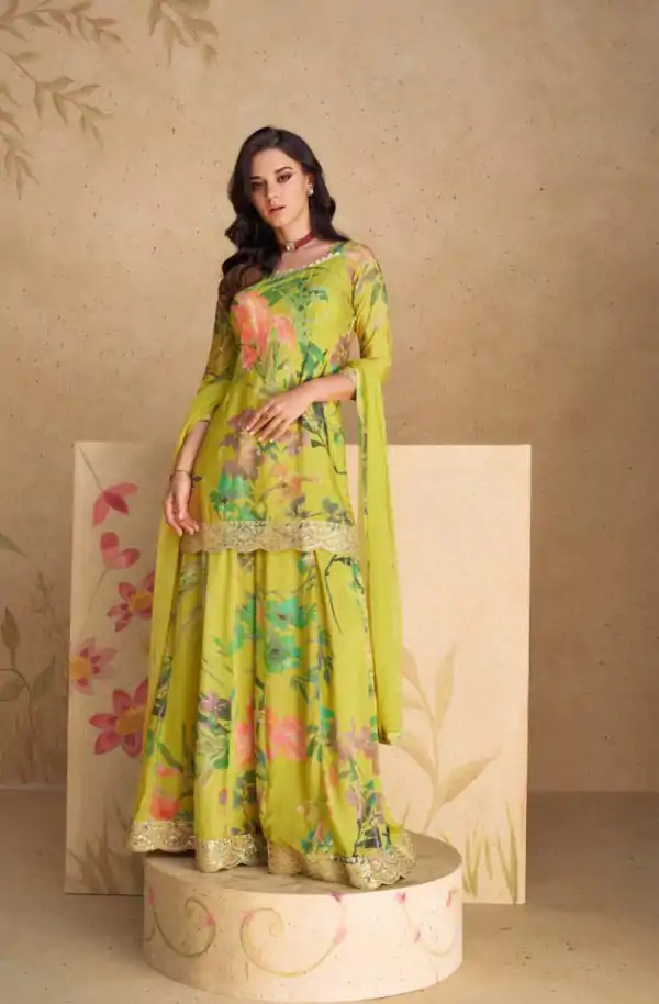 Dazzling Parrot Green Color Chinon Printed Embroidery Work Sharara Suit