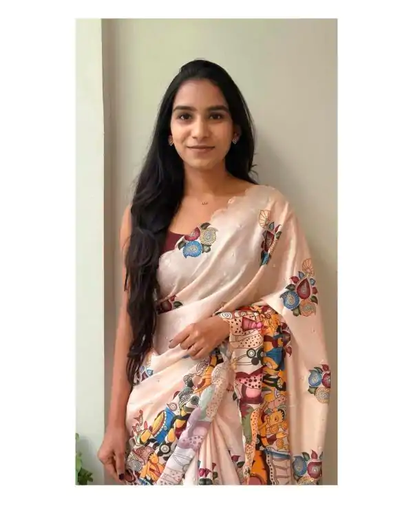 Perfect Cream Color Chinon Digital Printed Embroidery Butti Work Saree