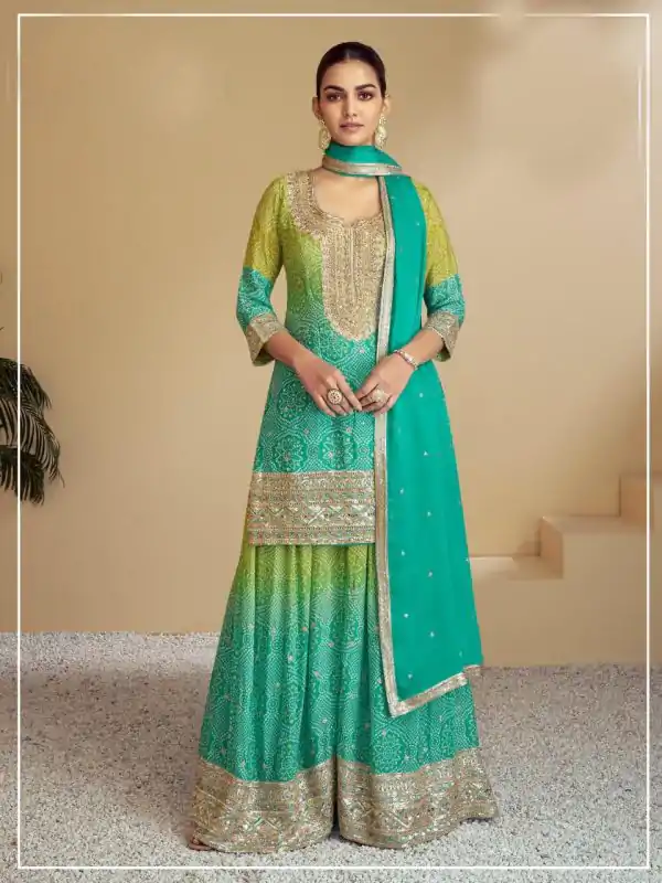 Perfect Firozi Color Chinon Digital Print With Mat Sequence Sharara Suit