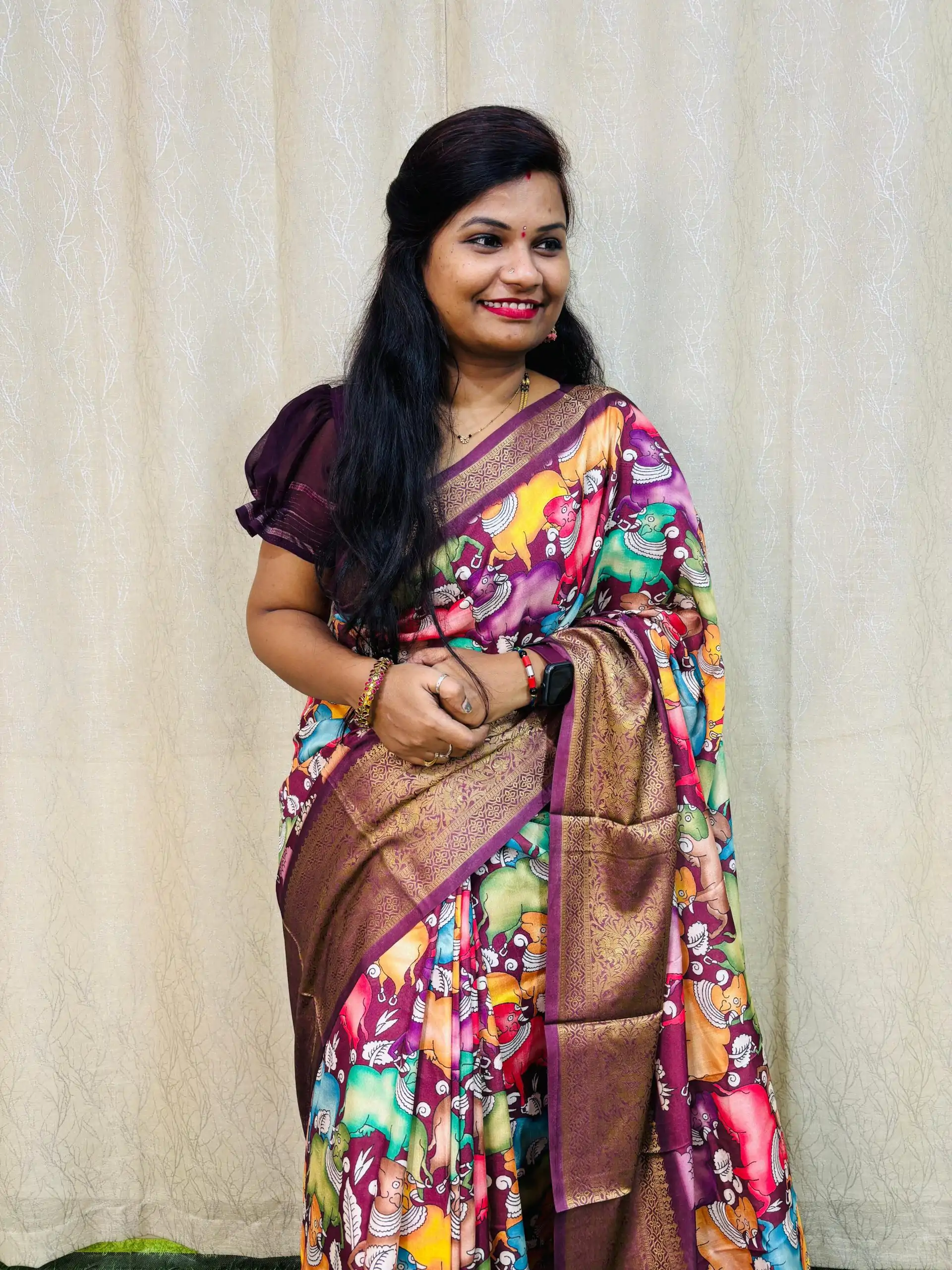 Perfect Purple Color Jacquard Dola Silk With Kalamkari Print Saree - Image 3
