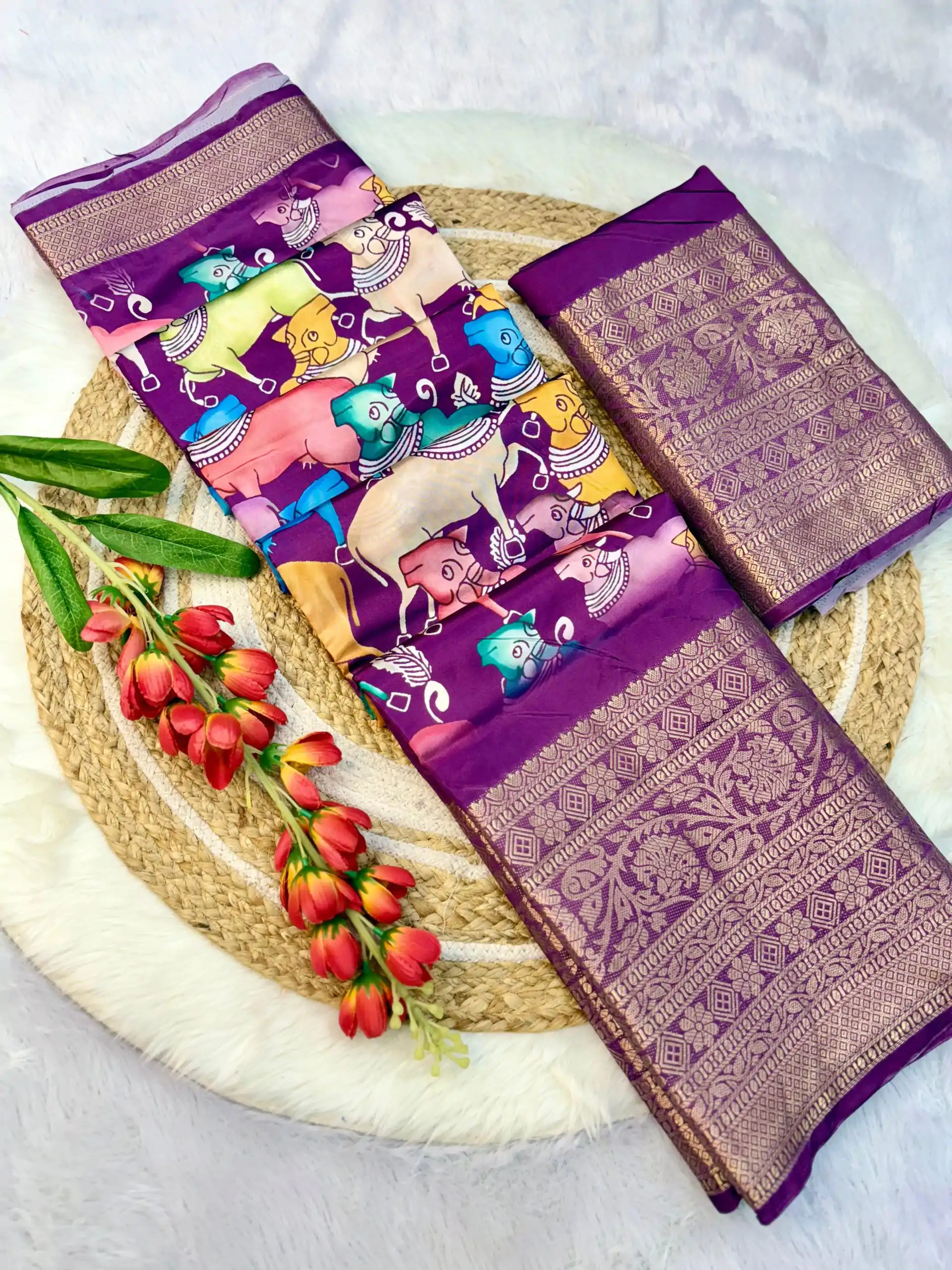 Perfect Purple Color Jacquard Dola Silk With Kalamkari Print Saree - Image 4