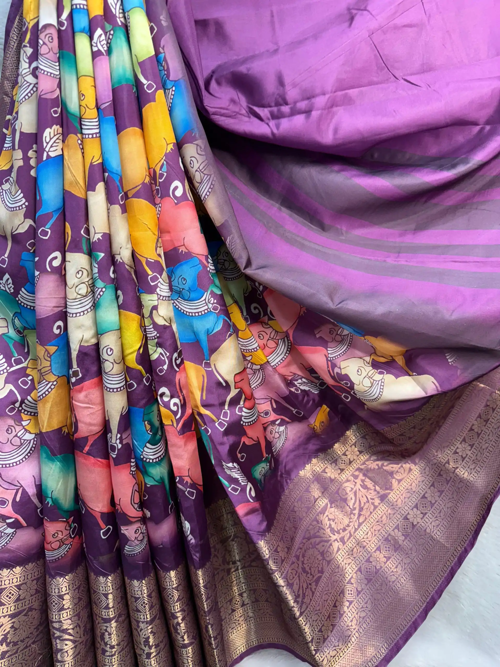 Perfect Purple Color Jacquard Dola Silk With Kalamkari Print Saree - Image 2
