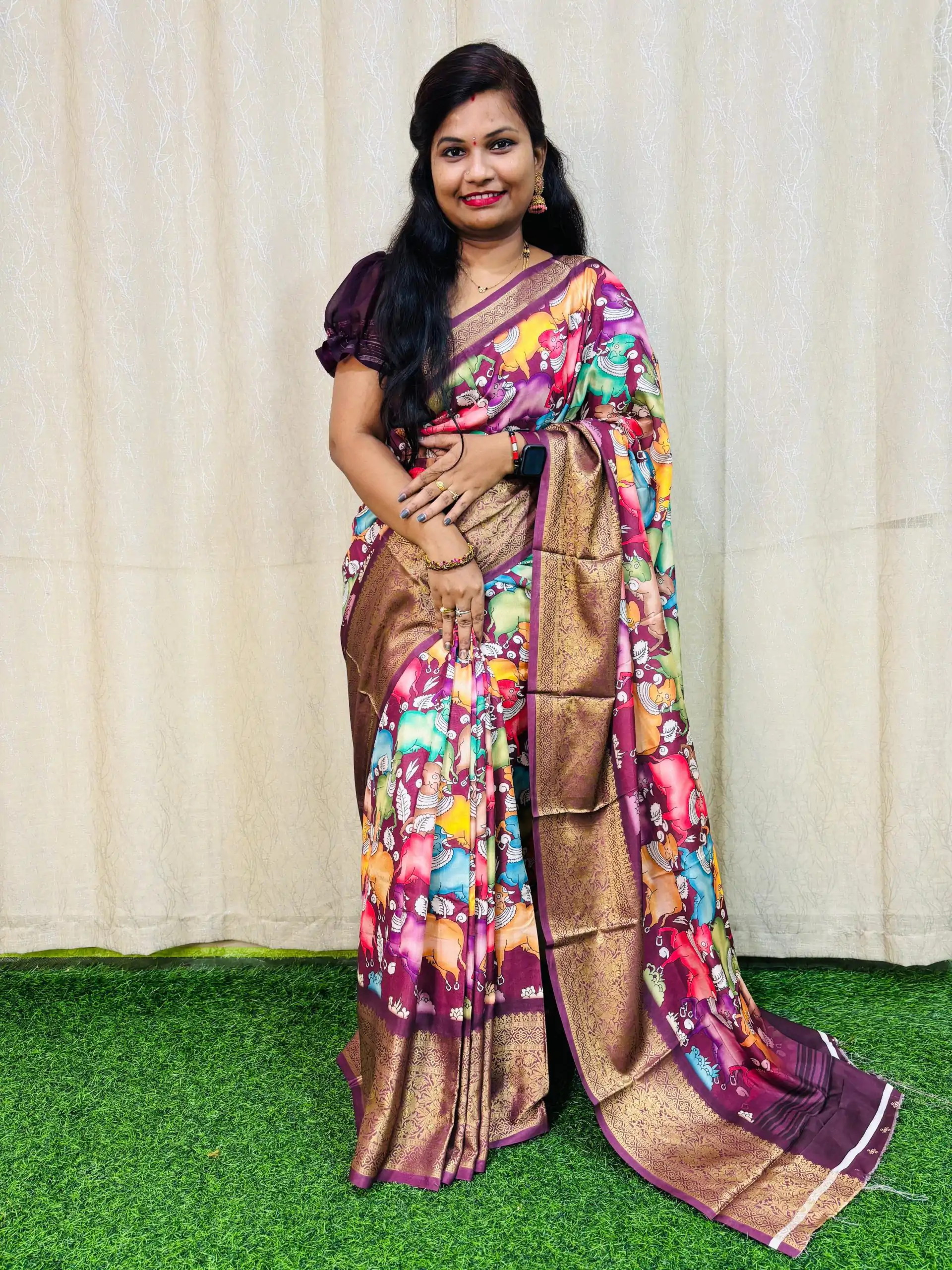 Perfect Purple Color Jacquard Dola Silk With Kalamkari Print Saree