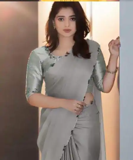 Perfects Grey Color Rangoli Silk Handwork And Cutwork With Pearl Saree