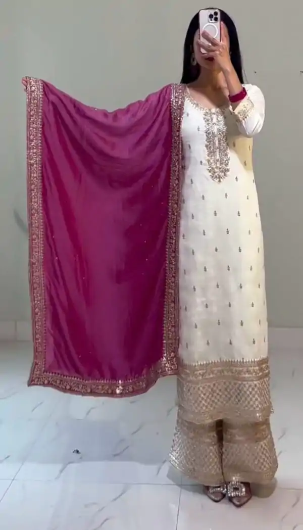 Prefect White Color Chinnon Silk With Heavy Embroidery Sequence Work Salwar Suit