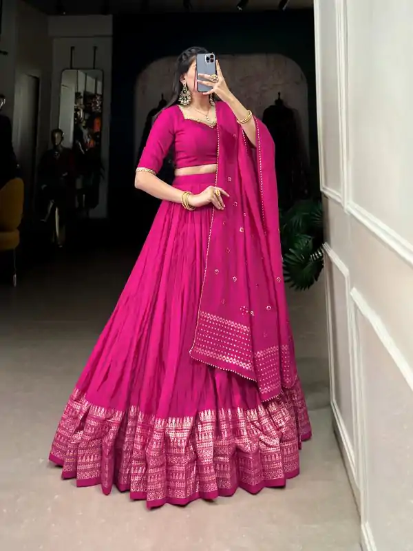Pretty Pink Color Pure Chanderi Plain With Zari Weaving Work Border Lehenga Choli
