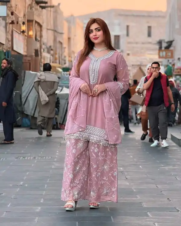 Progressive Light Pink Color Faux Georgette With Embroidery Sharara Suit