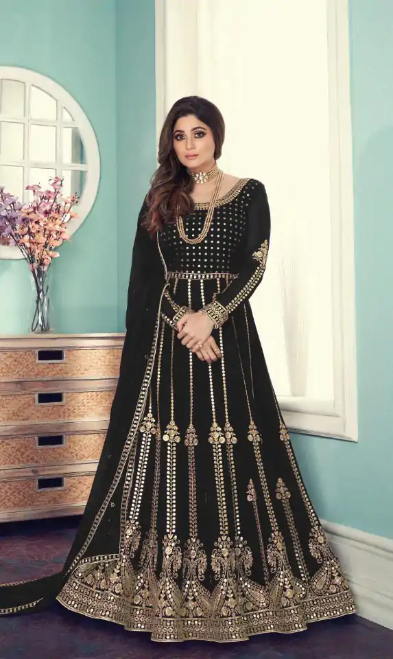 Shiny Black Color Georgette Codding Sequence Embroidery Work Anarkali Gown