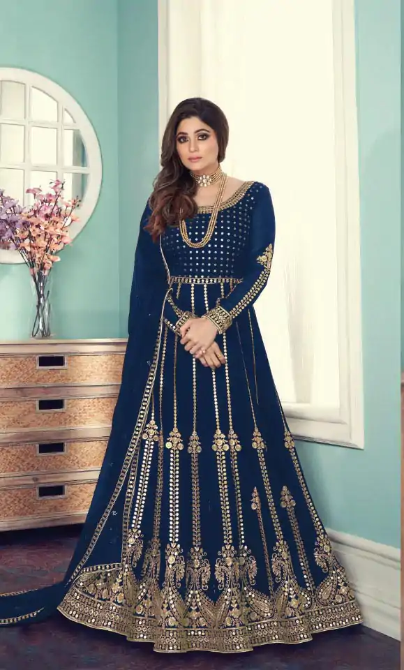 Shiny Blue Color Georgette Codding Sequence Embroidery Work Anarkali Gown