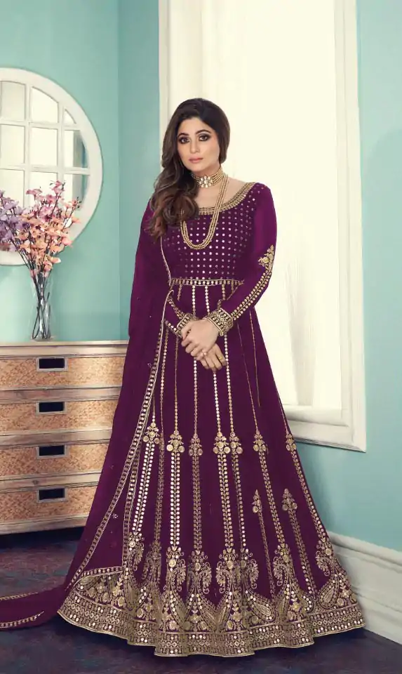 Shiny Purple Color Georgette Codding Sequence Embroidery Work Anarkali Gown