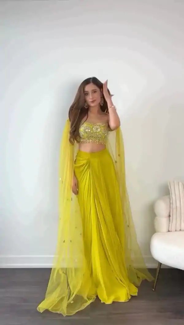Special Yellow Color Chinon Silk Thread With 9mm Sequence Dhoti Suit