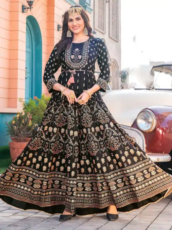 Stunning Red Color Rayon Print Embroidery Work Long Anarkali Gown
