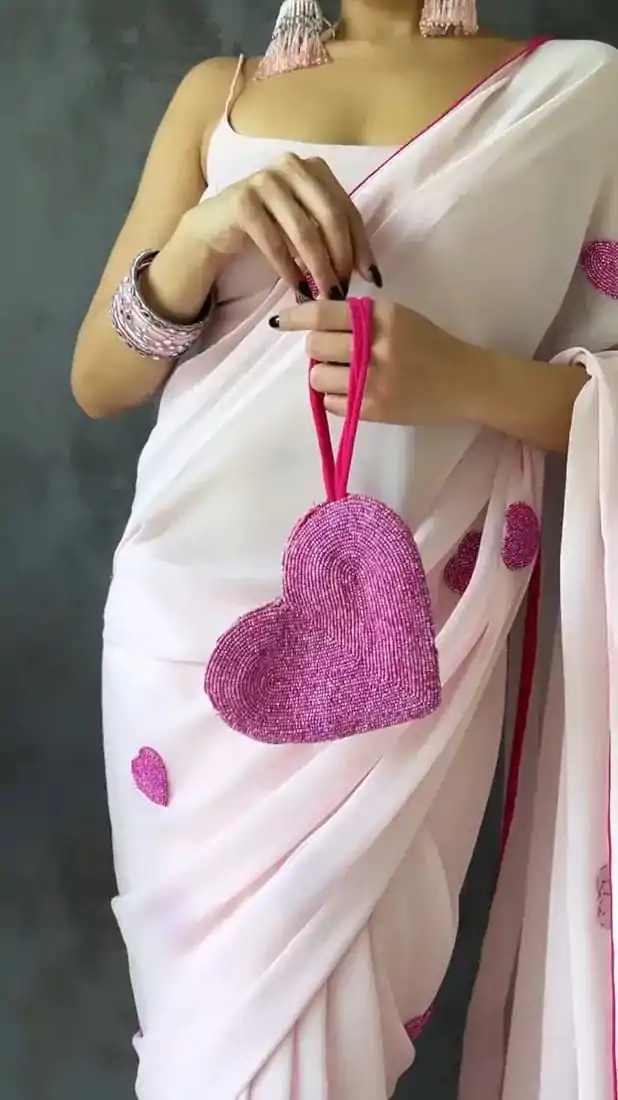 Stunning Light Pink Color Soft Georgette Silk With Embroidery Heart Design Saree - Image 9