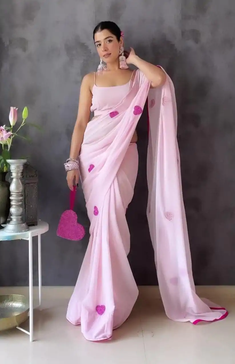 Stunning Light Pink Color Soft Georgette Silk With Embroidery Heart Design Saree - Image 4