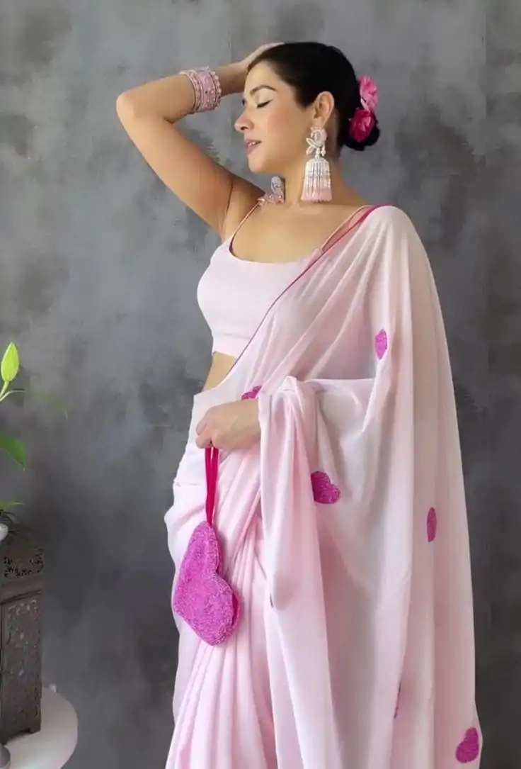 Stunning Light Pink Color Soft Georgette Silk With Embroidery Heart Design Saree - Image 6