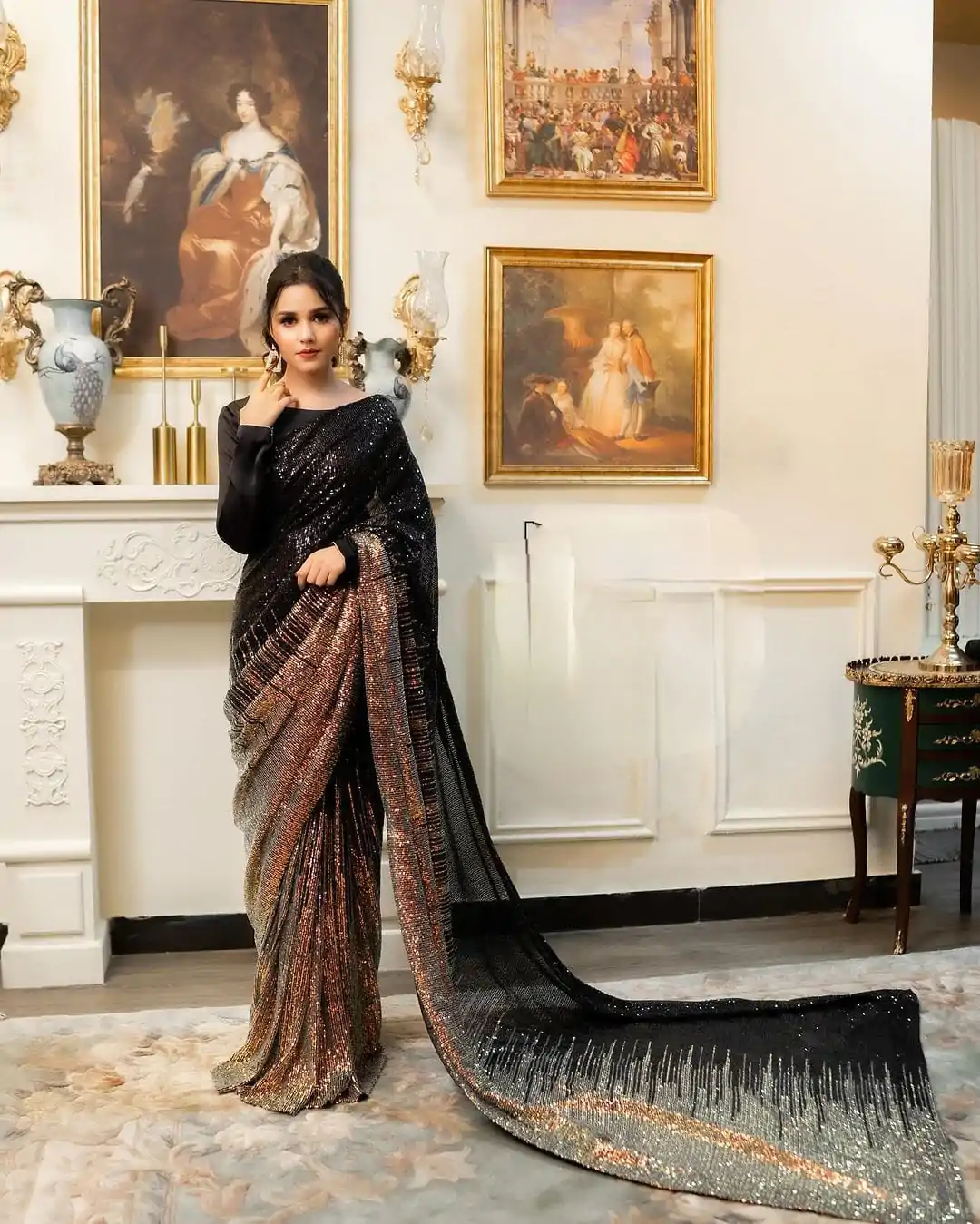 Superb Black color Dual Sequins 3MM & 5MM Embroidery Sequins Work Saree - Image 2