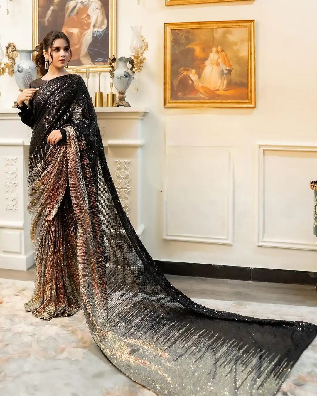 Superb Black color Dual Sequins 3MM & 5MM Embroidery Sequins Work Saree - Image 3