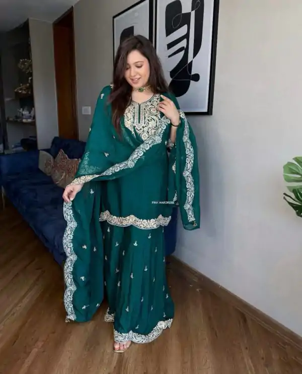 Superb Green Color Pure Chinnon Silk With Embroidery Coding Dori-Sequence Salwar Suit