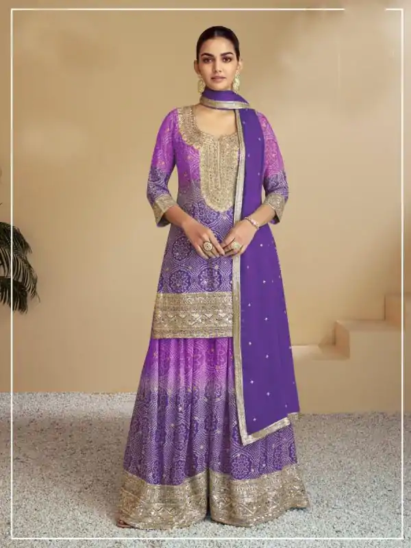 Warm Violet Color Chinon Digital Print With Mat Sequence Sharara Suit