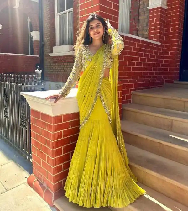Pretty Yellow Color Foix Georgette Sequence With Coin Lace Border Lehenga Saree
