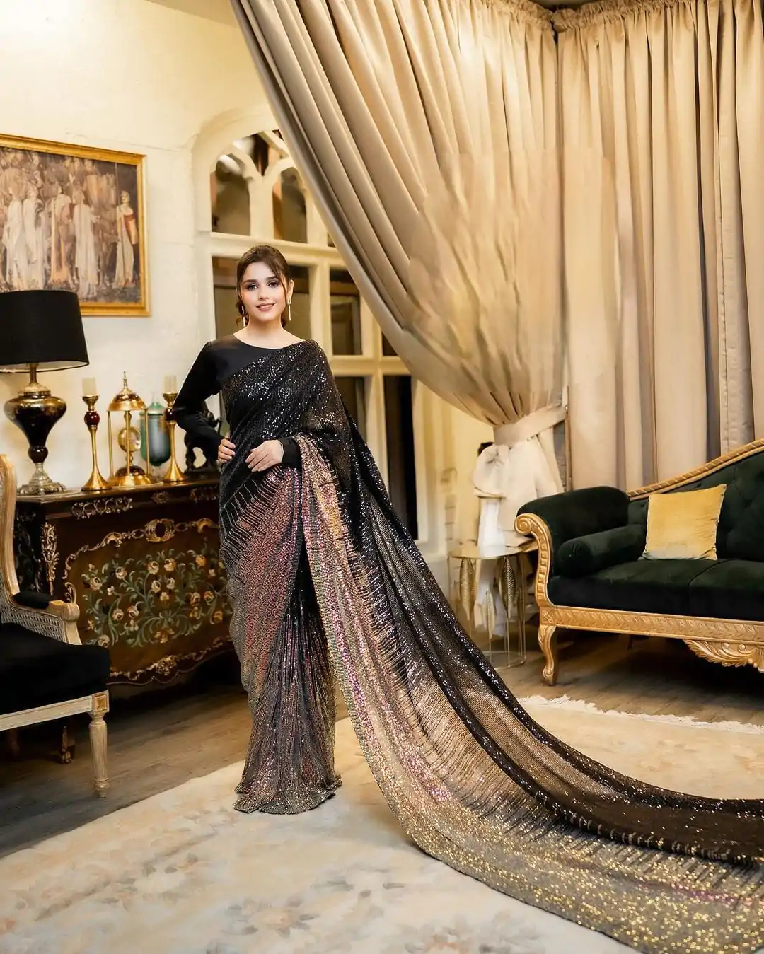 Superb Black color Dual Sequins 3MM & 5MM Embroidery Sequins Work Saree