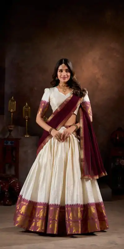 Wonderful White Color Poly Cotton Chex With Zari Weaving Work Lehenga Choli