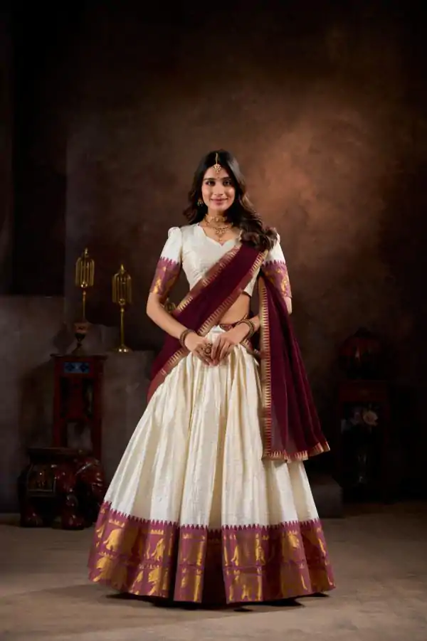 Wonderful White Color Poly Cotton Chex With Zari Weaving Work Lehenga Choli