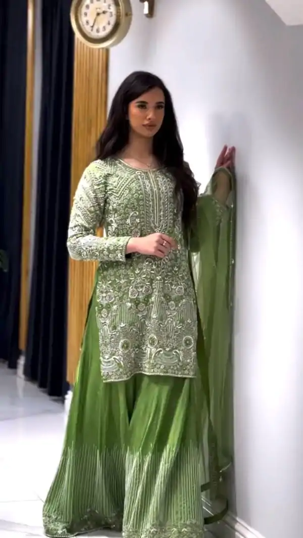 Amazing Green Color Chinnon Silk 5mm Embroidery Sequence With Moti Work Salwar Suit
