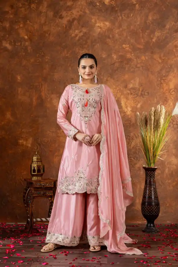 Amazing Peach Color Chinon Silk Embroidery 3mm Sequence Coding Dori Work Salwar Suit
