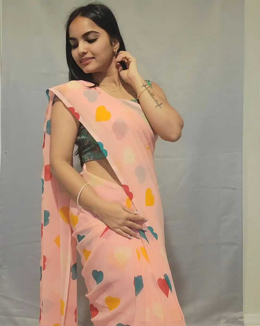 Amazing Peach Color Soft Georgette Silk Digital Print Heart Design Ready To Wear Saree - Image 2