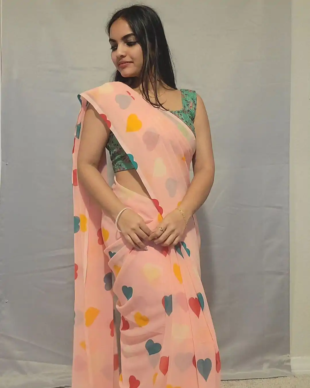 Amazing Peach Color Soft Georgette Silk Digital Print Heart Design Ready To Wear Saree - Image 3