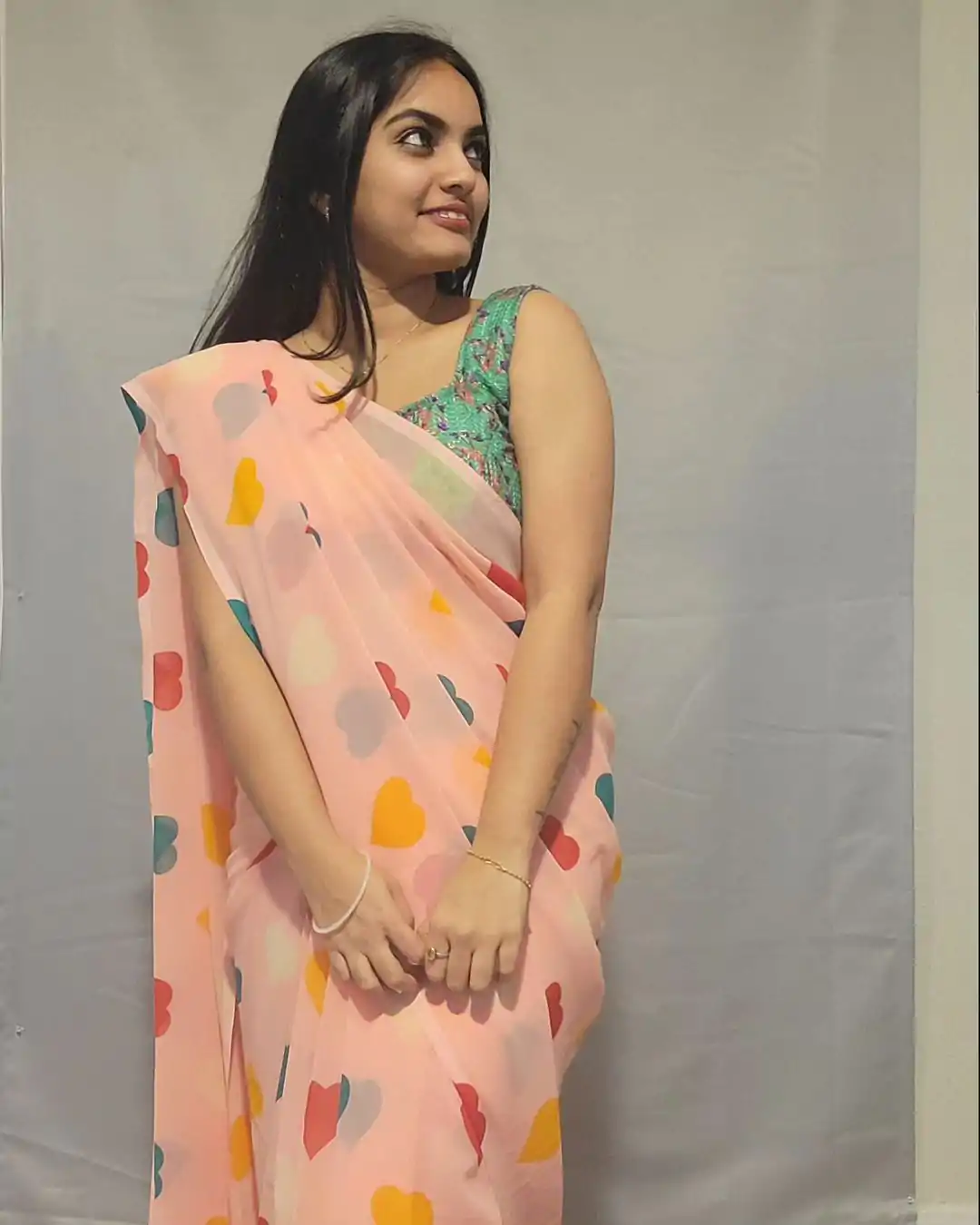 Amazing Peach Color Soft Georgette Silk Digital Print Heart Design Ready To Wear Saree - Image 4
