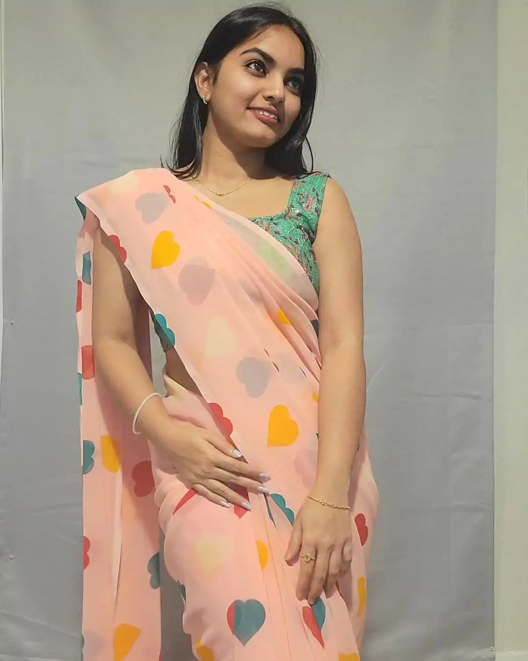 Amazing Peach Color Soft Georgette Silk Digital Print Heart Design Ready To Wear Saree - Image 6