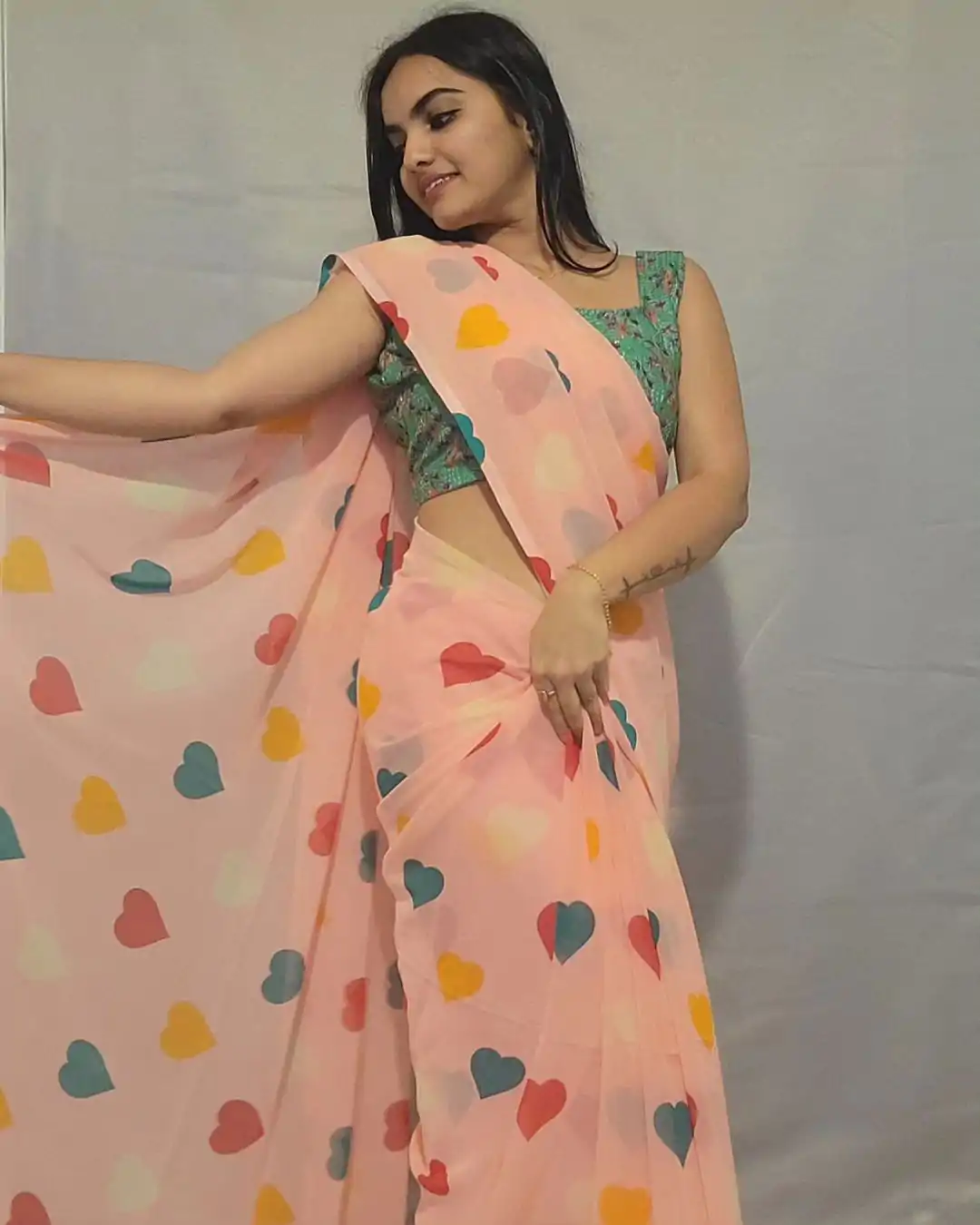 Amazing Peach Color Soft Georgette Silk Digital Print Heart Design Ready To Wear Saree - Image 7