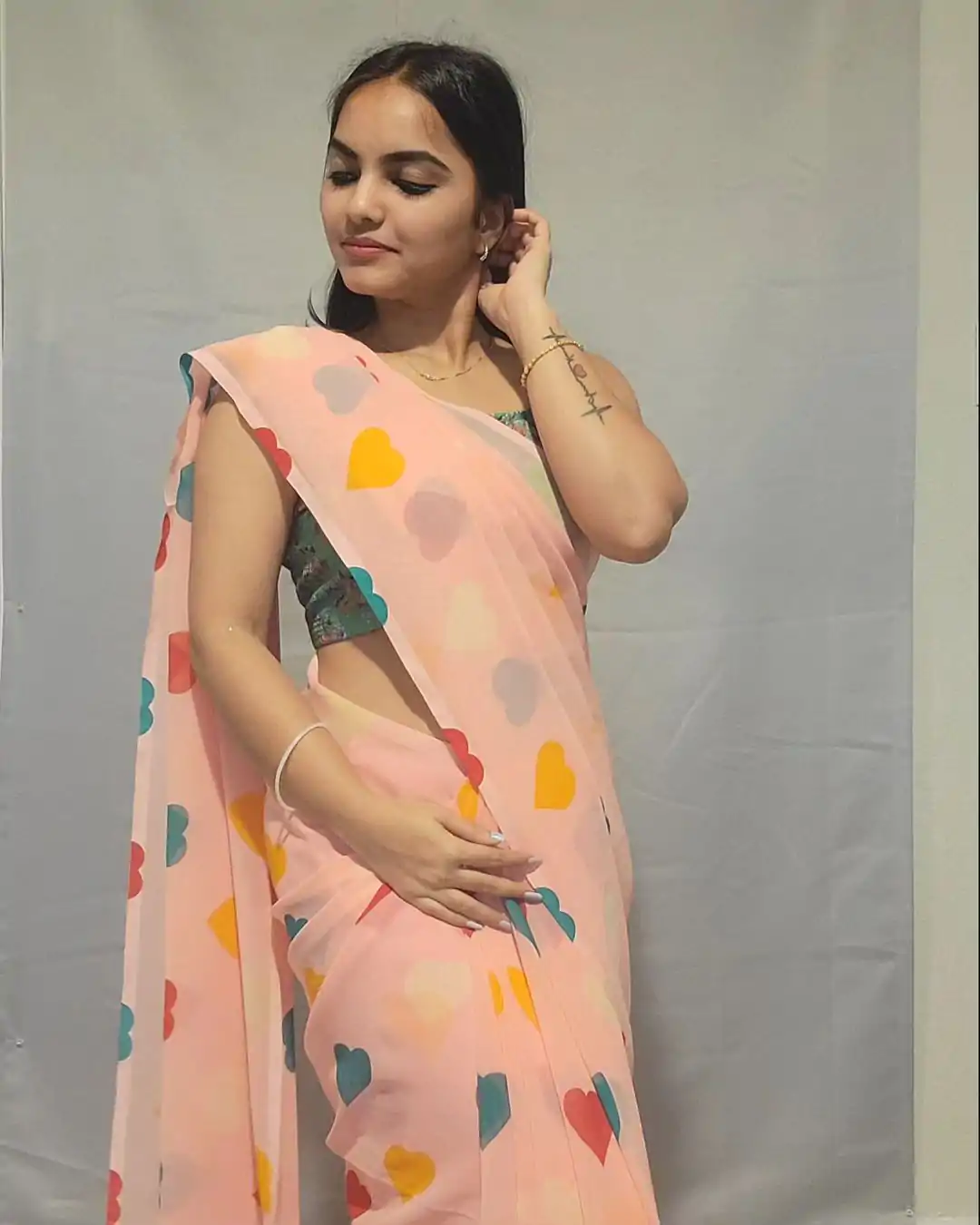 Amazing Peach Color Soft Georgette Silk Digital Print Heart Design Ready To Wear Saree - Image 8