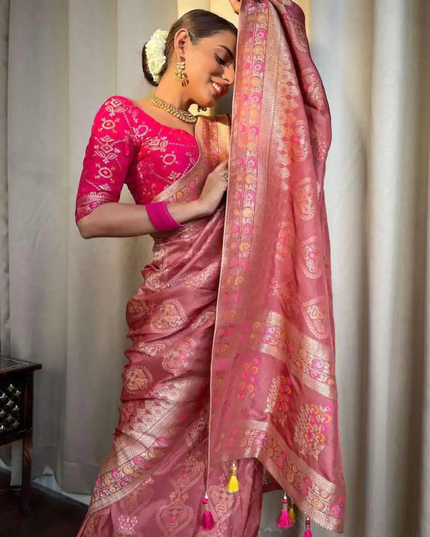 Attractive Peach Color Soft Lichi Silk Kubera Pattu On All Over Saree - Image 3