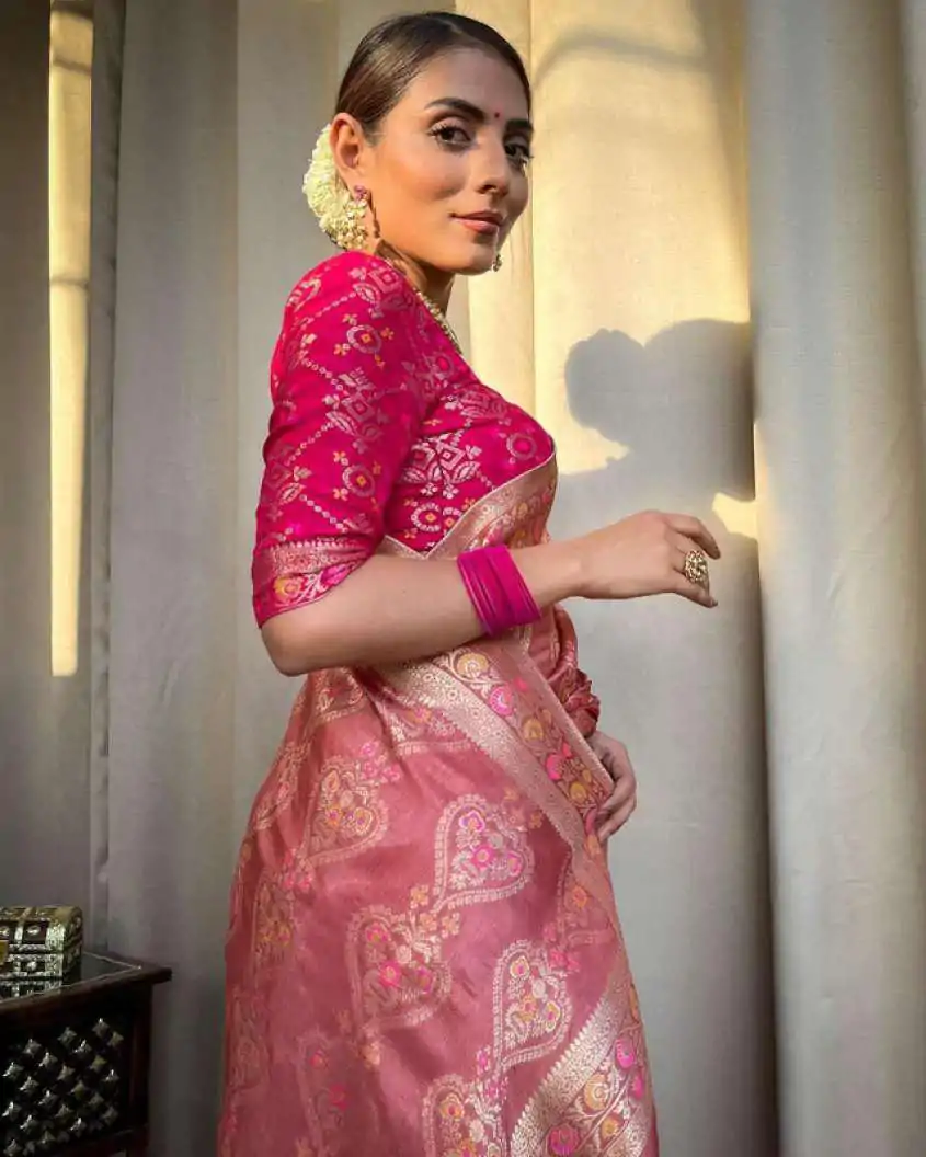 Attractive Peach Color Soft Lichi Silk Kubera Pattu On All Over Saree - Image 4