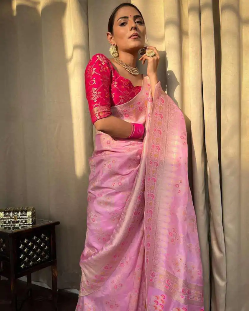 Attractive Peach Color Soft Lichi Silk Kubera Pattu On All Over Saree - Image 2