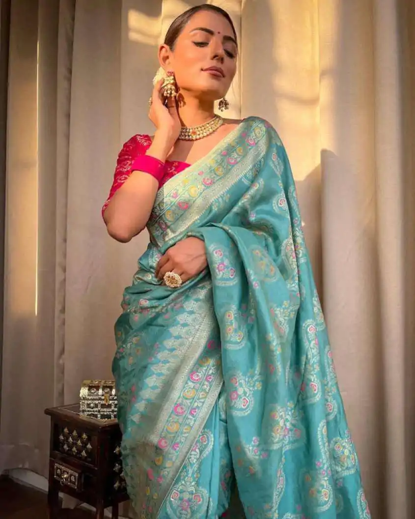 Attractive Sky Blue Color Soft Lichi Silk Kubera Pattu On All Over Saree - Image 2