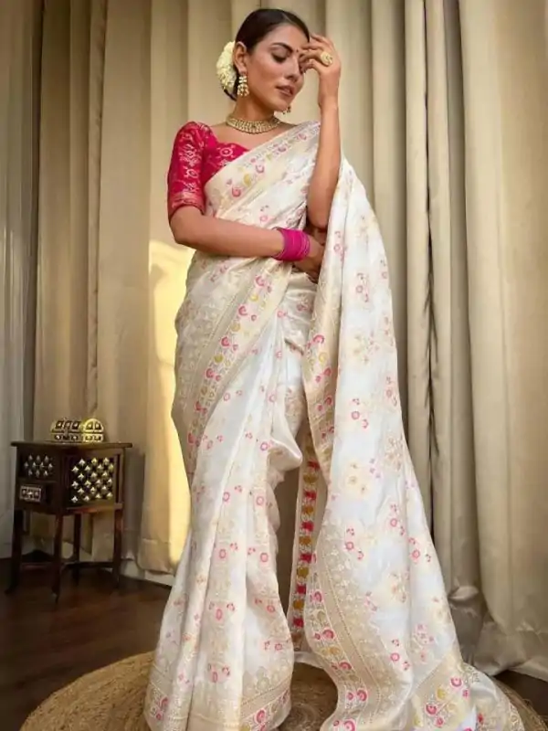 Attractive White Color Soft Lichi Silk Kubera Pattu On All Over Saree