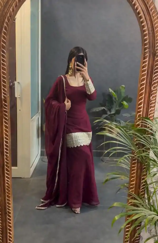 Awesome Marron Color  Fox Georgette With Heavy Embroidery Work Salwar Suit