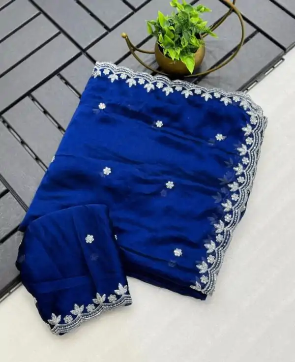 Beautiful Blue Color Rangoli Chiffon Embroidery Cut Work Saree