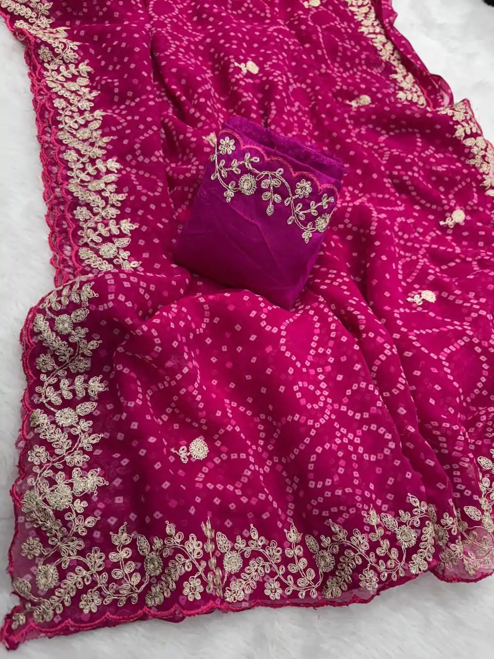 Beautiful Pink Color Georgette Bandhni Print With Sober Pita Work Embroidery Saree - Image 2